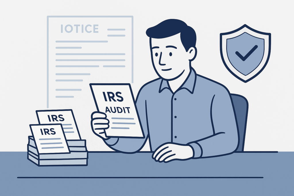 Small business owner at a desk reviewing IRS audit documents with a protection shield icon in the background, representing IRS audit insurance.