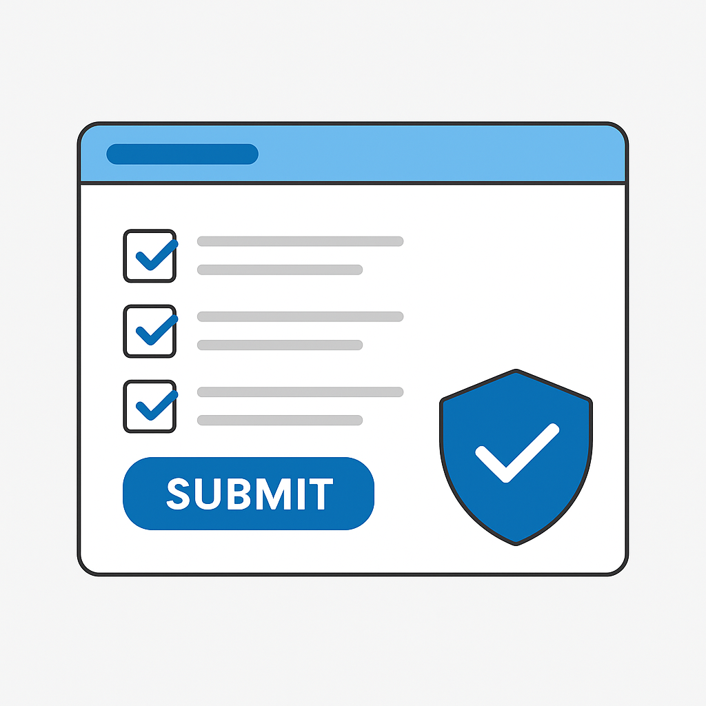 Illustration of an online Tech E&O and cyber insurance application form with a checklist and submit button.