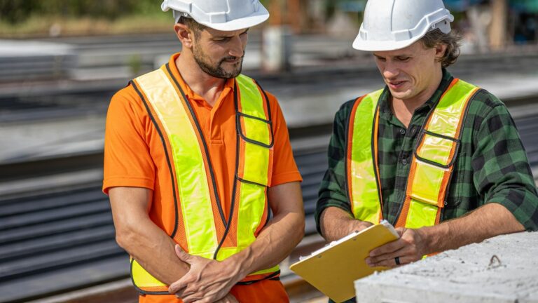 Two contractors in hard hats and safety vests reviewing paperwork on a clipboard at a jobsite.